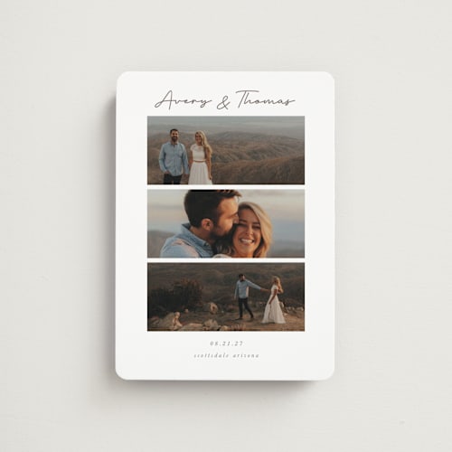 This is a linen save the date magnets with standard by Jen Tips called soulmates printing on magnet paper in magnet