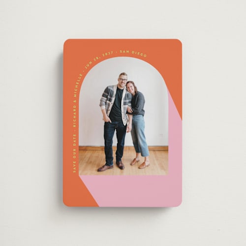 This is a tangerine save the date magnets with standard by Katie Zimpel called pop art printing on magnet paper in magnet