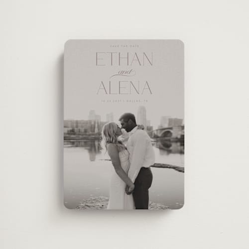 This is a suede save the date magnets with standard by Maja Cunningham called all our love printing on magnet paper in magnet
