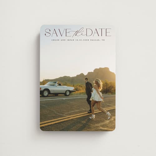 This is a cabernet save the date magnets with standard by Maja Cunningham called prose printing on magnet paper in magnet