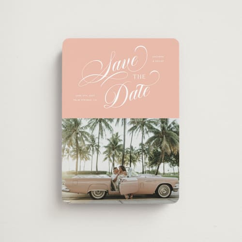 This is a peach save the date magnets with standard by Morgan Kendall called palm springs printing on magnet paper in magnet