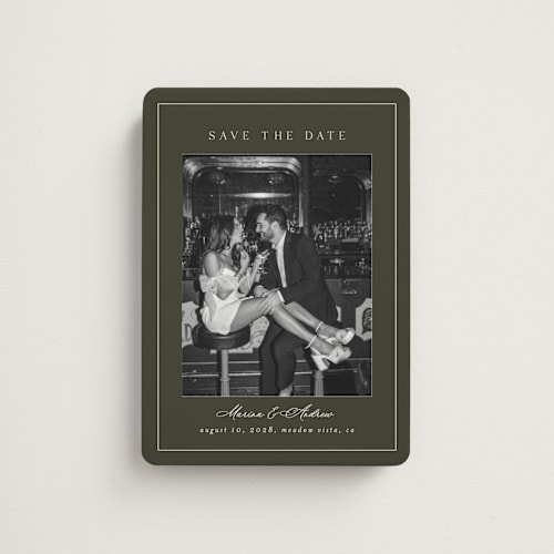 This is a olive save the date magnets with standard by Nicole Walsh called refined printing on magnet paper in magnet