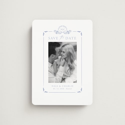 This is a pale cerulean save the date magnets with standard by Sabrin Deirani called ocean dreams printing on magnet paper in magnet