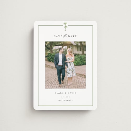 This is a leaf save the date magnets with standard by Olivia Raufman called palm monogram printing on magnet paper in magnet