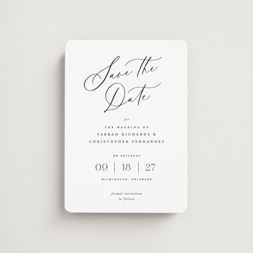 This is a pearl save the date magnets with standard by Hooray Creative called beautifully scripted printing on magnet paper in magnet