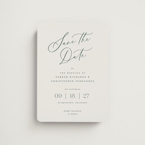 This is a evergreen save the date magnets with standard by Hooray Creative called beautifully scripted printing on magnet paper in magnet