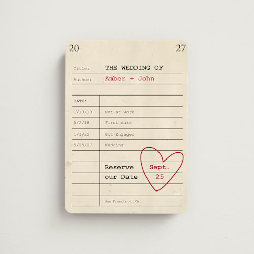 This is a red hot save the date magnets with standard by Ilene Guy called reserve our date printing on magnet paper in magnet