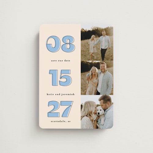 This is a dusty blue save the date magnets with standard by Leah Ragain called outlined date printing on magnet paper in magnet