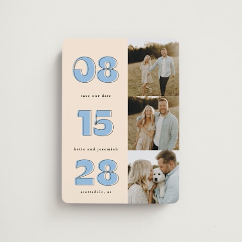 This is a dusty blue save the date magnets with standard by Leah Ragain called outlined date printing on magnet paper in magnet