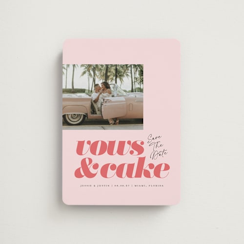 This is a coral save the date magnets with standard by Laura Hamm called vows and cake printing on magnet paper in magnet