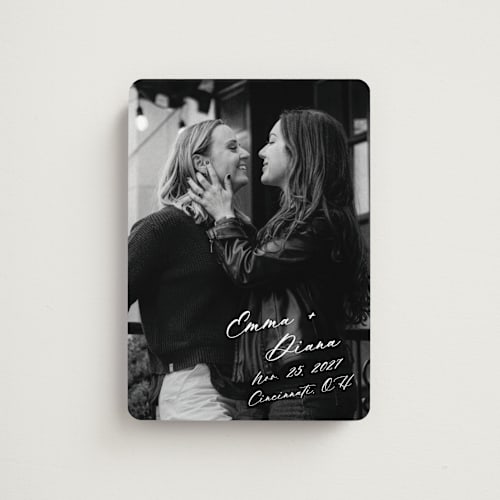 This is a white dress save the date magnets with standard by Kim Dietrich Elam called vintage signed printing on magnet paper in magnet