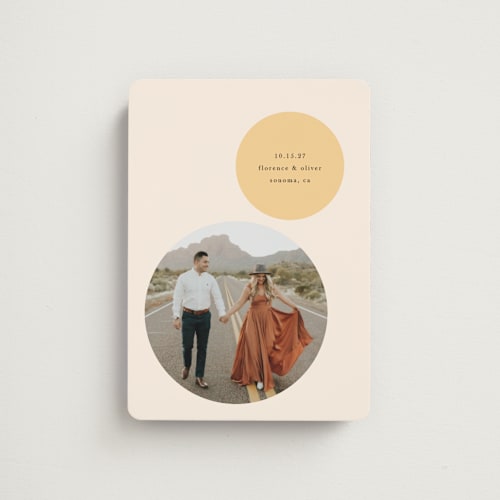 This is a sunshine save the date magnets with standard by Pippa Shaw called gravity printing on magnet paper in magnet