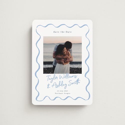 This is a dusty blue save the date magnets with standard by Cass Loh called handdrawn wavy frame printing on magnet paper in magnet