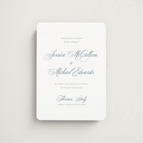 This is a dusty blue save the date magnets with standard by Jennifer Postorino called empire printing on magnet paper in magnet