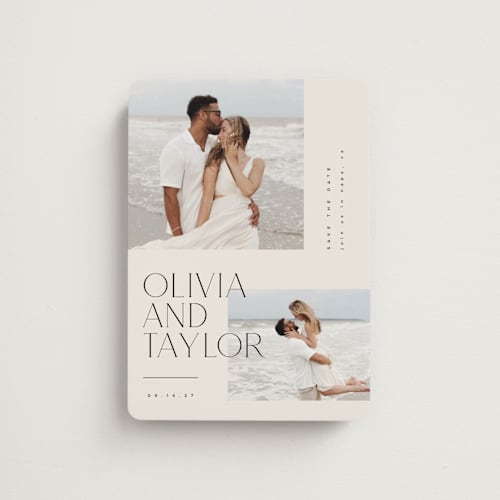 This is a linen save the date magnets with standard by Kelly Schmidt called overlapping printing on magnet paper in magnet
