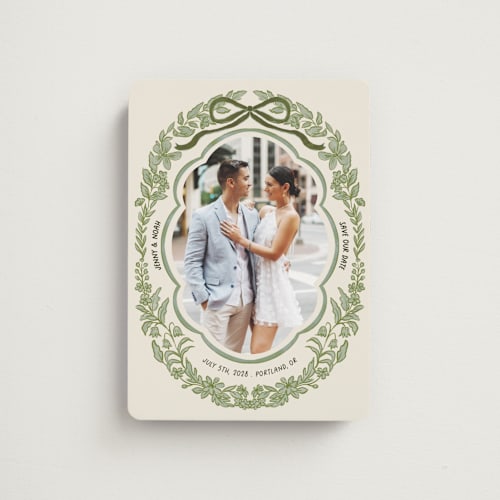 This is a olive save the date magnets with standard by Elly called charm printing on magnet paper in magnet