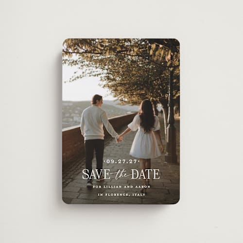 This is a powder save the date magnets with standard by Carolyn MacLaren called together forever printing on magnet paper in magnet