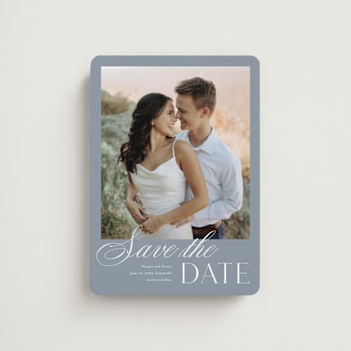 This is a french blue save the date magnets with standard by Stacey Meacham called classic manor printing on magnet paper in magnet