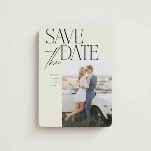 This is a ecru save the date magnets with standard by Morgan Kendall called penelope printing on magnet paper in magnet