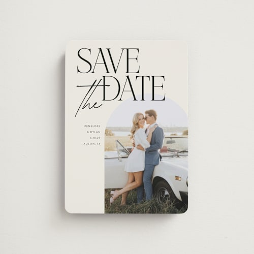 This is a ecru save the date magnets with standard by Morgan Kendall called penelope printing on magnet paper in magnet
