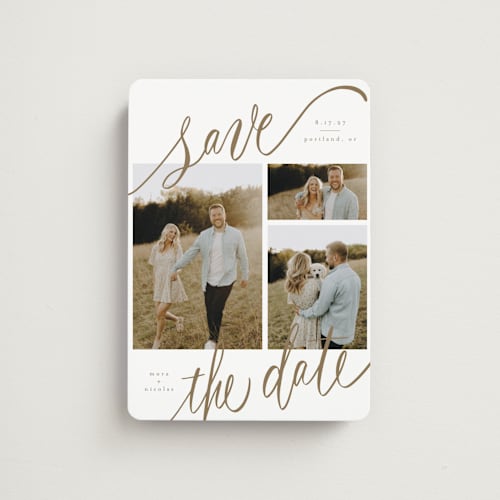 This is a veil save the date magnets with standard by Elsa Duncan called tri-photo happy holidays printing on magnet paper in magnet