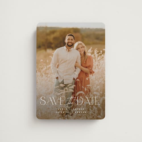 This is a pearl save the date magnets with standard by Jessica Corliss called simple elegance printing on magnet paper in magnet