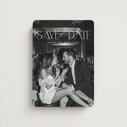 This is a pearl save the date magnets with standard by Brooke Chandler called elegant fete printing on magnet paper in magnet