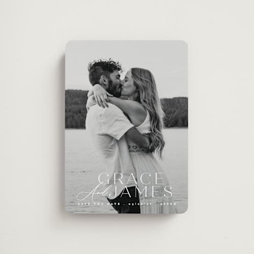 This is a snow save the date magnets with standard by Angela Thompson called namesake printing on magnet paper in magnet
