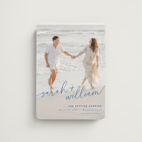 This is a navy save the date magnets with standard by Jessie Steury called sweet script printing on magnet paper in magnet