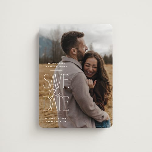 This is a cotton save the date magnets with standard by Owl and Toad called monument printing on magnet paper in magnet
