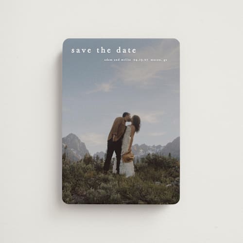 This is a cotton save the date magnets with standard by Stacey Meacham called typographic header printing on magnet paper in magnet
