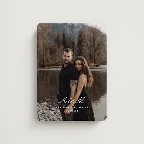 This is a pearl save the date magnets with standard by Up Up Creative called lettra printing on magnet paper in magnet