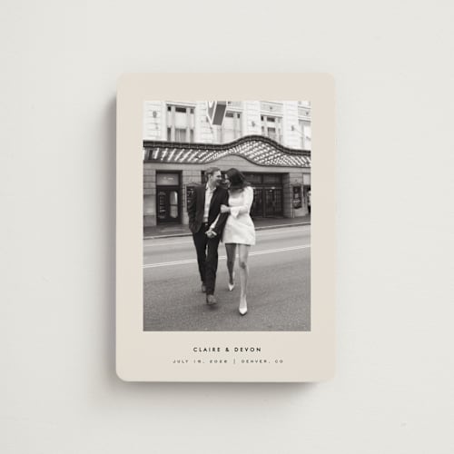 This is a linen save the date magnets with standard by Kelly Schmidt called framed minimalist printing on magnet paper in magnet