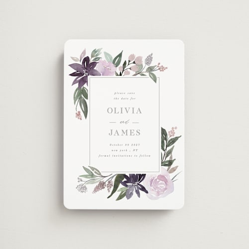 This is a lilac save the date magnets with standard by Creo Study called garden stroll printing on magnet paper in magnet