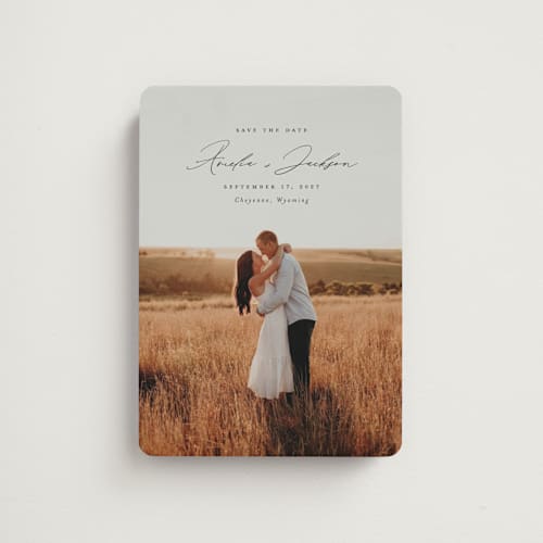 This is a onyx save the date magnets with standard by Emily Betts called simple names printing on magnet paper in magnet