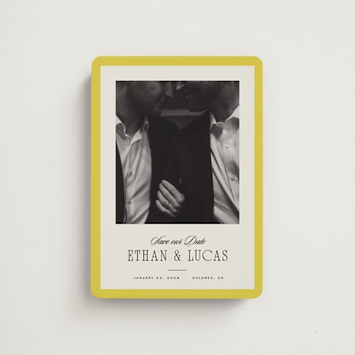 This is a citron save the date magnets with standard by Blustery August called mille-feuille printing on magnet paper in magnet