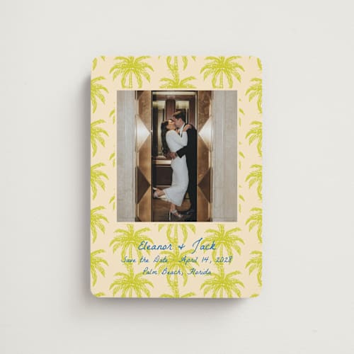 This is a limon save the date magnets with standard by Megan Davis called palm beach printing on magnet paper in magnet