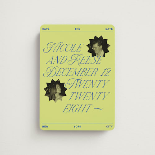 This is a chartreuse save the date magnets with standard by Jennifer Lew called communiqué printing on magnet paper in magnet
