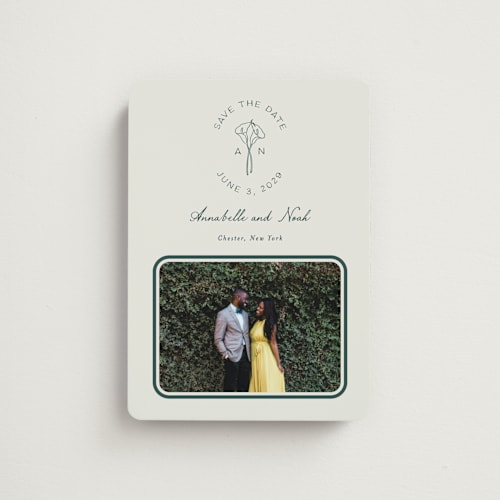 This is a sage save the date magnets with standard by Leah Bisch called pair of calla lilies printing on magnet paper in magnet