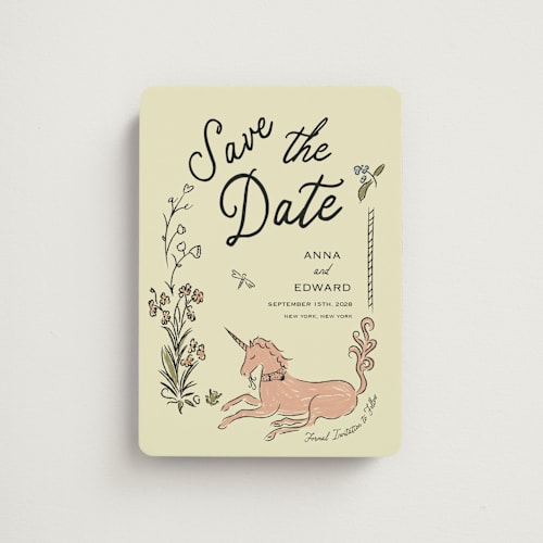 This is a oat save the date magnets with standard by Helena Vitto called love rests in a garden printing on magnet paper in magnet