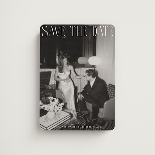 This is a snow save the date magnets with standard by Maja Cunningham called classic timeless printing on magnet paper in magnet