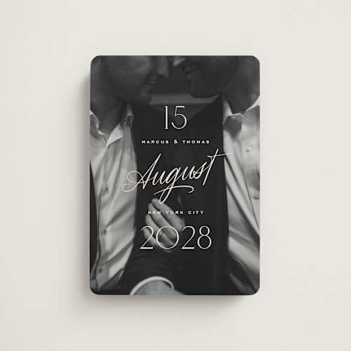 This is a ivory save the date magnets with standard by Oscar and Emma - Karly Depew called the date is set printing on magnet paper in magnet