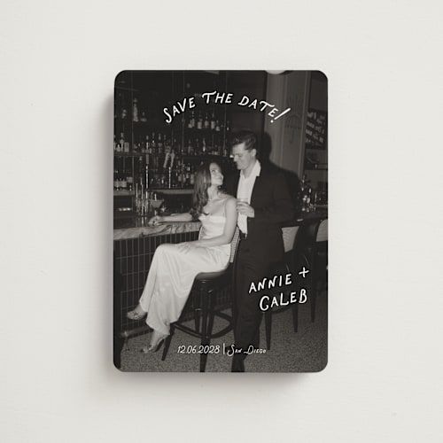 This is a ivory save the date magnets with standard by Stephanie Heinrich Godbout called lovers printing on magnet paper in magnet