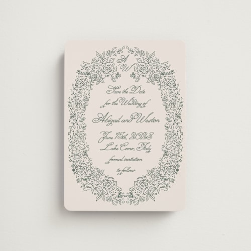 This is a moss save the date magnets with standard by Tamara Hilje called crest florale printing on magnet paper in magnet