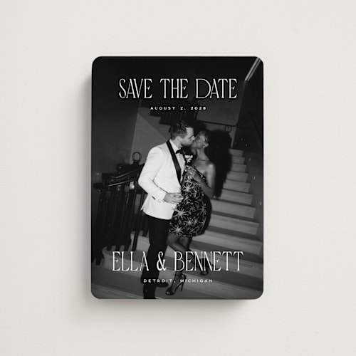 This is a snow save the date magnets with standard by Pixel and Hank called gaze printing on magnet paper in magnet