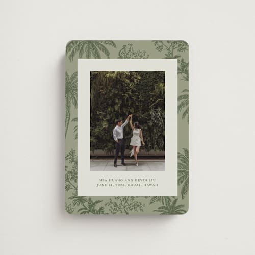 This is a jungle save the date magnets with standard by Jenna Holcomb called tropicale printing on magnet paper in magnet