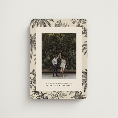 This is a antique save the date magnets with standard by Jenna Holcomb called tropicale printing on magnet paper in magnet