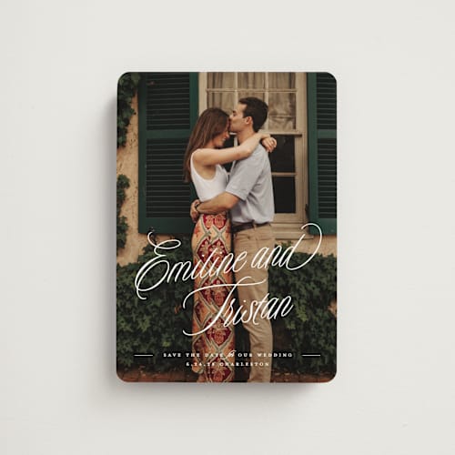 This is a cotton save the date magnets with standard by Susan Zinader called sentimental script printing on magnet paper in magnet