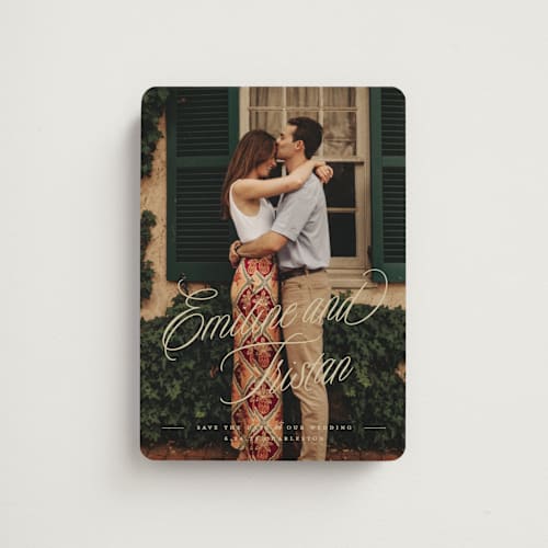 This is a bamboo save the date magnets with standard by Susan Zinader called sentimental script printing on magnet paper in magnet