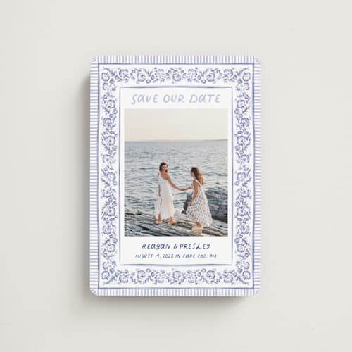 This is a cerulean save the date magnets with standard by Jenna Holcomb called provincial printing on magnet paper in magnet